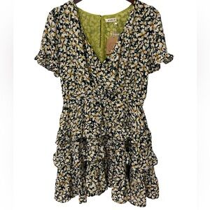 Kori Women’s Large White Green Floral Ruffle V Neck Dress NWT Boho Summer